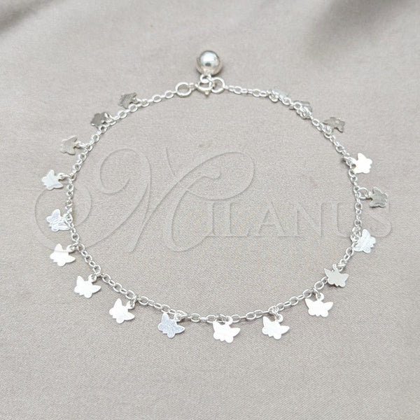 Tobillera de Dije 03.409.0067.10 Plata Rodinada, Diseño de Mariposa, Pulido, Tono Plateado (Grosor 01 MM, 10 Pulgadas de Largo)