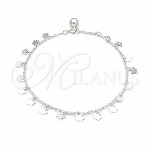 Tobillera de Dije 03.409.0067.10 Plata Rodinada, Diseño de Mariposa, Pulido, Tono Plateado (Grosor 01 MM, 10 Pulgadas de Largo)