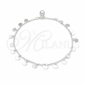 Tobillera de Dije 03.409.0067.10 Plata Rodinada, Diseño de Mariposa, Pulido, Tono Plateado (Grosor 01 MM, 10 Pulgadas de Largo)