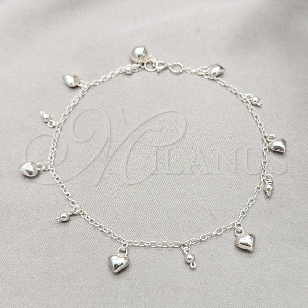 Tobillera de Dije 03.409.0068.10 Plata Rodinada, Diseño de Corazón y Bola, Pulido, Tono Plateado (Grosor 01 MM, 10 Pulgadas de Largo)