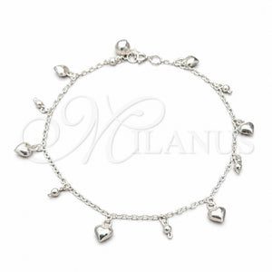 Tobillera de Dije 03.409.0068.10 Plata Rodinada, Diseño de Corazón y Bola, Pulido, Tono Plateado (Grosor 01 MM, 10 Pulgadas de Largo)