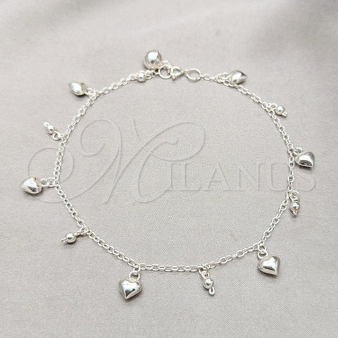Tobillera de Dije 03.409.0068.10 Plata Rodinada, Diseño de Corazón y Bola, Pulido, Tono Plateado (Grosor 01 MM, 10 Pulgadas de Largo)