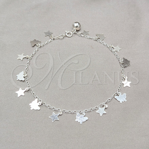 Tobillera de Dije 03.409.0069.10 Plata Rodinada, Diseño de Estrella y Mariposa, Pulido, Tono Plateado (Grosor 01 MM, 10 Pulgadas de Largo)