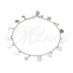 Tobillera de Dije 03.409.0069.10 Plata Rodinada, Diseño de Estrella y Mariposa, Pulido, Tono Plateado (Grosor 01 MM, 10 Pulgadas de Largo)
