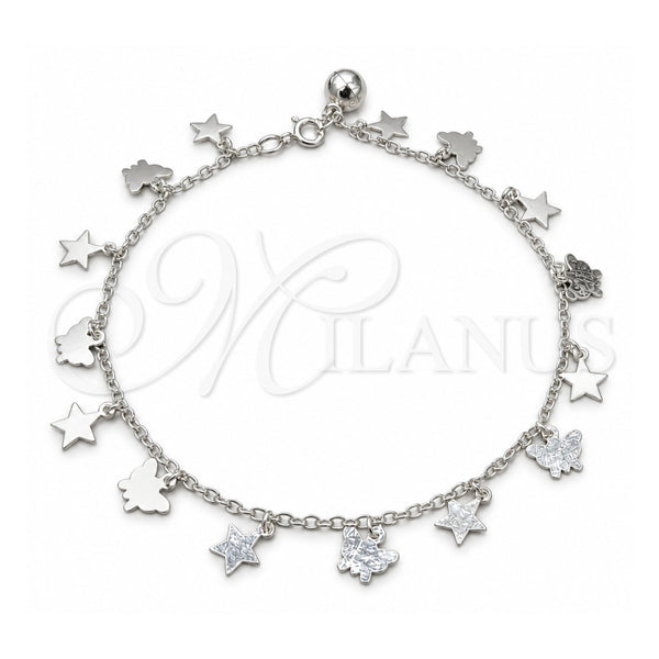 Tobillera de Dije 03.409.0069.10 Plata Rodinada, Diseño de Estrella y Mariposa, Pulido, Tono Plateado (Grosor 01 MM, 10 Pulgadas de Largo)