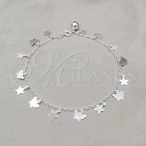 Tobillera de Dije 03.409.0069.10 Plata Rodinada, Diseño de Estrella y Mariposa, Pulido, Tono Plateado (Grosor 01 MM, 10 Pulgadas de Largo)
