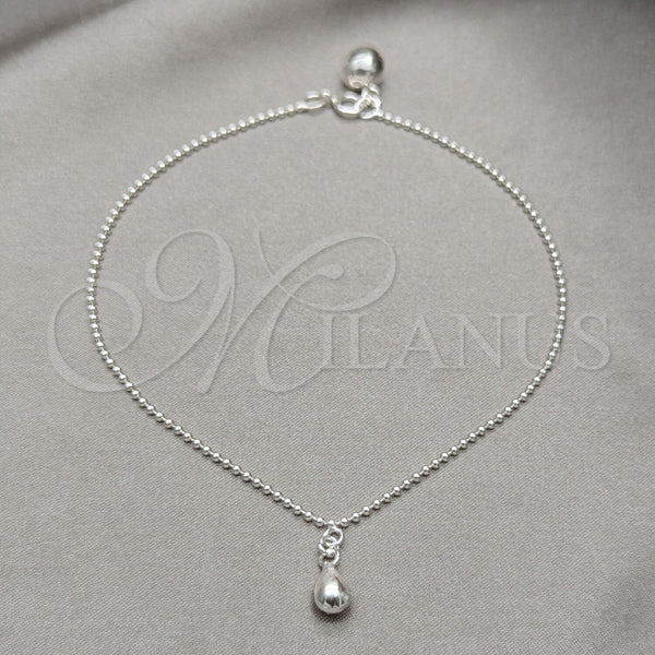 Tobillera de Dije 03.409.0070.10 Plata Rodinada, Diseño de Gota y Bola, Pulido, Tono Plateado (Grosor 01 MM, 10 Pulgadas de Largo)