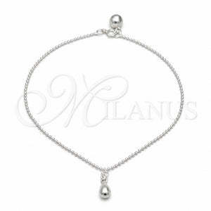 Tobillera de Dije 03.409.0070.10 Plata Rodinada, Diseño de Gota y Bola, Pulido, Tono Plateado (Grosor 01 MM, 10 Pulgadas de Largo)