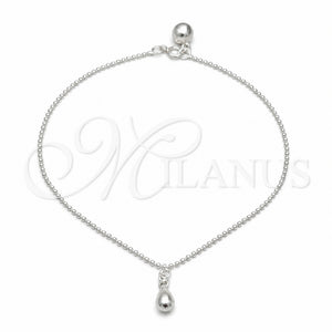 Tobillera de Dije 03.409.0070.10 Plata Rodinada, Diseño de Gota y Bola, Pulido, Tono Plateado (Grosor 01 MM, 10 Pulgadas de Largo)