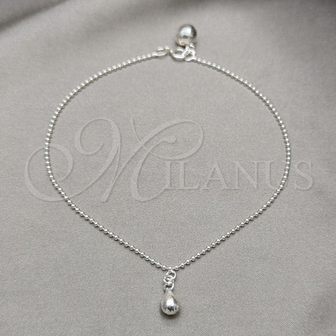 Tobillera de Dije 03.409.0070.10 Plata Rodinada, Diseño de Gota y Bola, Pulido, Tono Plateado (Grosor 01 MM, 10 Pulgadas de Largo)