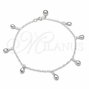 Tobillera de Dije 03.409.0071.10 Plata Rodinada, Diseño de Gota, Pulido, Tono Plateado (Grosor 01 MM, 10 Pulgadas de Largo)