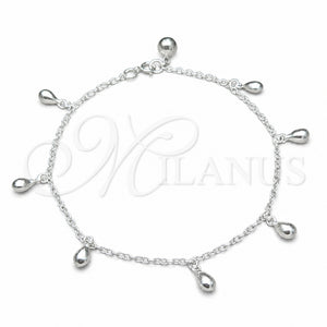 Tobillera de Dije 03.409.0071.10 Plata Rodinada, Diseño de Gota, Pulido, Tono Plateado (Grosor 01 MM, 10 Pulgadas de Largo)