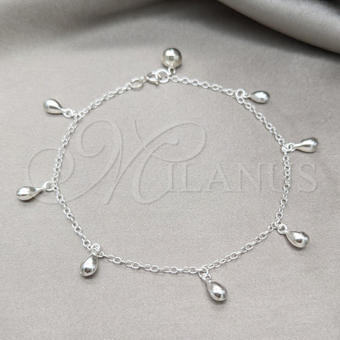 Tobillera de Dije 03.409.0071.10 Plata Rodinada, Diseño de Gota, Pulido, Tono Plateado (Grosor 01 MM, 10 Pulgadas de Largo)