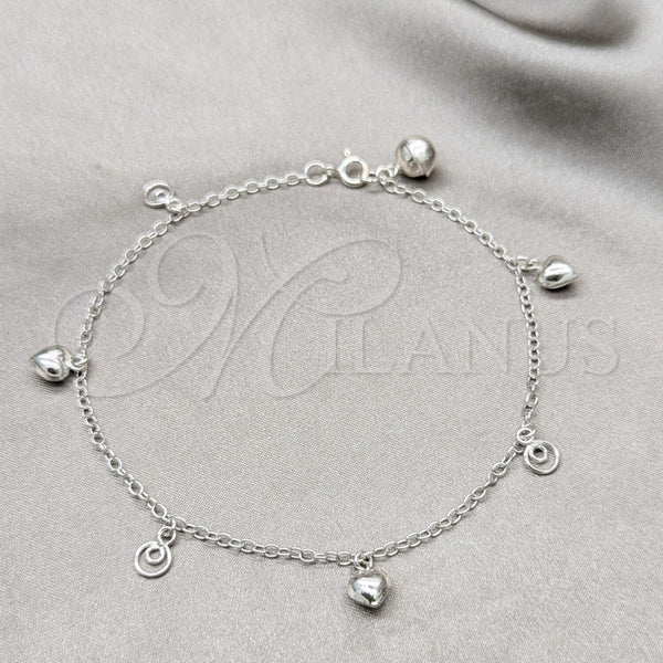 Tobillera de Dije 03.409.0072.10 Plata Rodinada, Diseño de Corazón, Pulido, Tono Plateado (Grosor 01 MM, 10 Pulgadas de Largo)