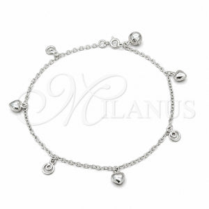 Tobillera de Dije 03.409.0072.10 Plata Rodinada, Diseño de Corazón, Pulido, Tono Plateado (Grosor 01 MM, 10 Pulgadas de Largo)