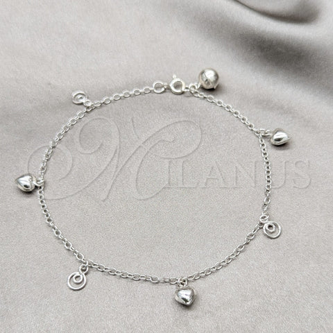 Tobillera de Dije 03.409.0072.10 Plata Rodinada, Diseño de Corazón, Pulido, Tono Plateado (Grosor 01 MM, 10 Pulgadas de Largo)