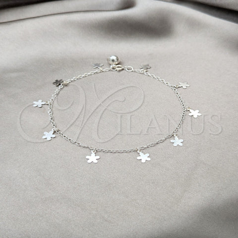 Tobillera de Dije 03.409.0073.10 Plata Rodinada, Diseño de Flor, Pulido, Tono Plateado (Grosor 01 MM, 10 Pulgadas de Largo)