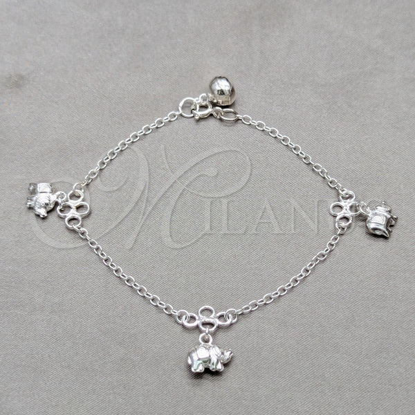 Pulsera de Dije 03.409.0076.08 Plata Rodinada, Diseño de Elefante, Pulido, Tono Plateado (Grosor 01 MM, 8 Pulgadas de Largo)