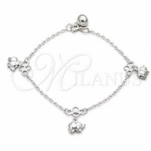 Pulsera de Dije 03.409.0076.08 Plata Rodinada, Diseño de Elefante, Pulido, Tono Plateado (Grosor 01 MM, 8 Pulgadas de Largo)