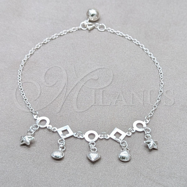 Tobillera de Dije 03.409.0084.10 Plata Rodinada, Diseño de Concha y Corazón, Pulido, Tono Plateado (Grosor 01 MM, 10 Pulgadas de Largo)