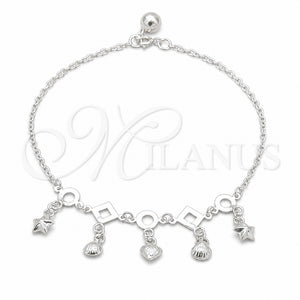 Tobillera de Dije 03.409.0084.10 Plata Rodinada, Diseño de Concha y Corazón, Pulido, Tono Plateado (Grosor 01 MM, 10 Pulgadas de Largo)