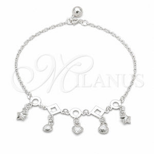 Tobillera de Dije 03.409.0084.10 Plata Rodinada, Diseño de Concha y Corazón, Pulido, Tono Plateado (Grosor 01 MM, 10 Pulgadas de Largo)