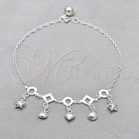 Tobillera de Dije 03.409.0084.10 Plata Rodinada, Diseño de Concha y Corazón, Pulido, Tono Plateado (Grosor 01 MM, 10 Pulgadas de Largo)