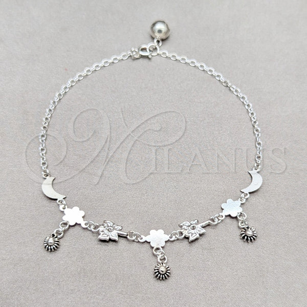 Tobillera de Dije 03.409.0085.10 Plata Rodinada, Diseño de Flor y Luna, Pulido, Tono Plateado (Grosor 01 MM, 10 Pulgadas de Largo)