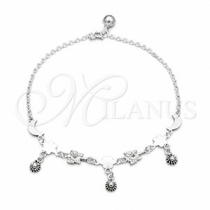 Tobillera de Dije 03.409.0085.10 Plata Rodinada, Diseño de Flor y Luna, Pulido, Tono Plateado (Grosor 01 MM, 10 Pulgadas de Largo)