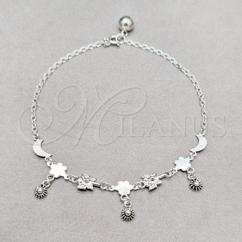 Tobillera de Dije 03.409.0085.10 Plata Rodinada, Diseño de Flor y Luna, Pulido, Tono Plateado (Grosor 01 MM, 10 Pulgadas de Largo)