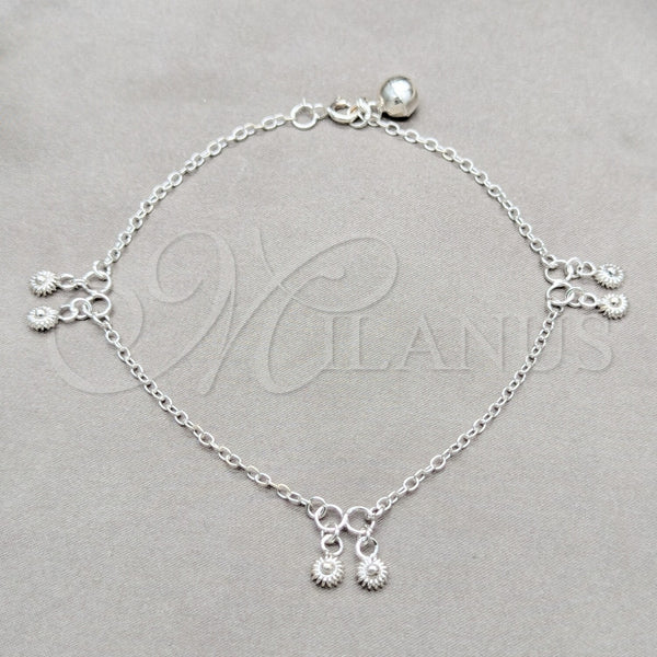 Tobillera de Dije 03.409.0086.10 Plata Rodinada, Diseño de Sol, Pulido, Tono Plateado (Grosor 01 MM, 10 Pulgadas de Largo)