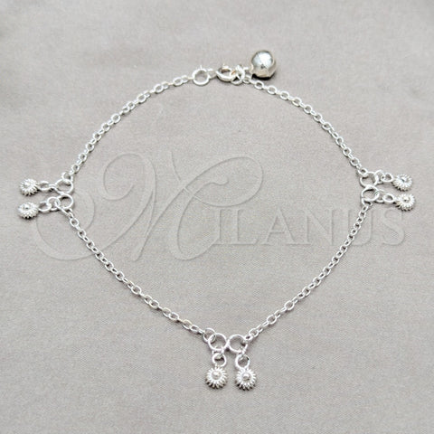 Tobillera de Dije 03.409.0086.10 Plata Rodinada, Diseño de Sol, Pulido, Tono Plateado (Grosor 01 MM, 10 Pulgadas de Largo)