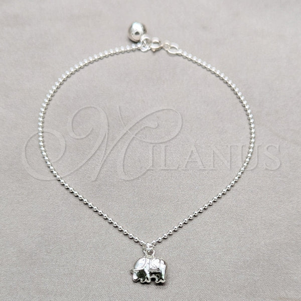 Tobillera de Dije 03.409.0087.10 Plata Rodinada, Diseño de Bola y Elefante, Pulido, Tono Plateado (Grosor 01 MM, 10 Pulgadas de Largo)
