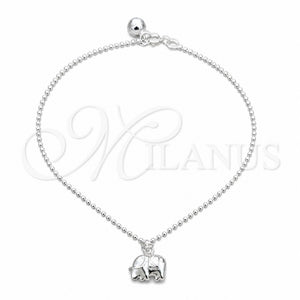 Tobillera de Dije 03.409.0087.10 Plata Rodinada, Diseño de Bola y Elefante, Pulido, Tono Plateado (Grosor 01 MM, 10 Pulgadas de Largo)
