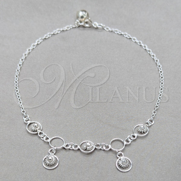Tobillera de Dije 03.409.0088.10 Plata Rodinada, Diseño de Sol, Pulido, Tono Plateado (Grosor 01 MM, 10 Pulgadas de Largo)