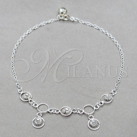 Tobillera de Dije 03.409.0088.10 Plata Rodinada, Diseño de Sol, Pulido, Tono Plateado (Grosor 01 MM, 10 Pulgadas de Largo)
