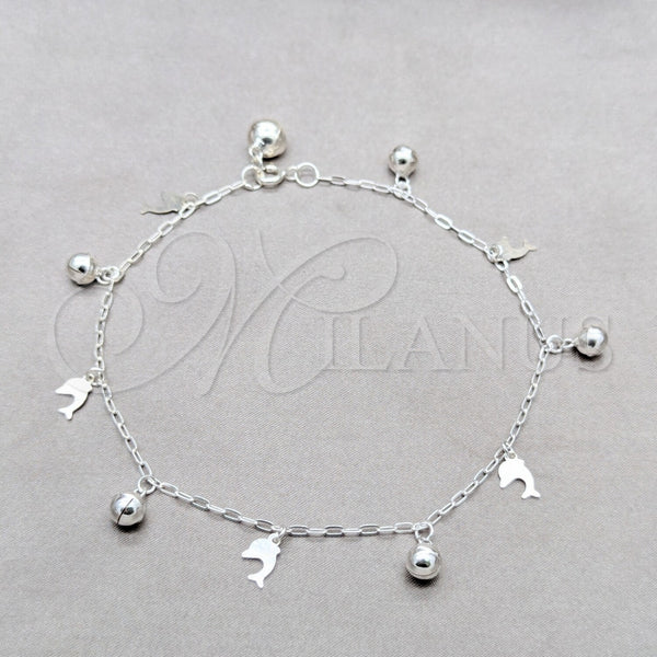 Tobillera de Dije 03.409.0089.10 Plata Rodinada, Diseño de Delfín y Bola, Pulido, Tono Plateado (Grosor 01 MM, 10 Pulgadas de Largo)