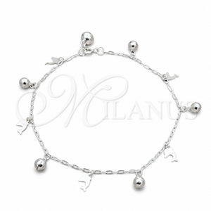 Tobillera de Dije 03.409.0089.10 Plata Rodinada, Diseño de Delfín y Bola, Pulido, Tono Plateado (Grosor 01 MM, 10 Pulgadas de Largo)