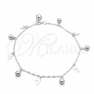Tobillera de Dije 03.409.0089.10 Plata Rodinada, Diseño de Delfín y Bola, Pulido, Tono Plateado (Grosor 01 MM, 10 Pulgadas de Largo)