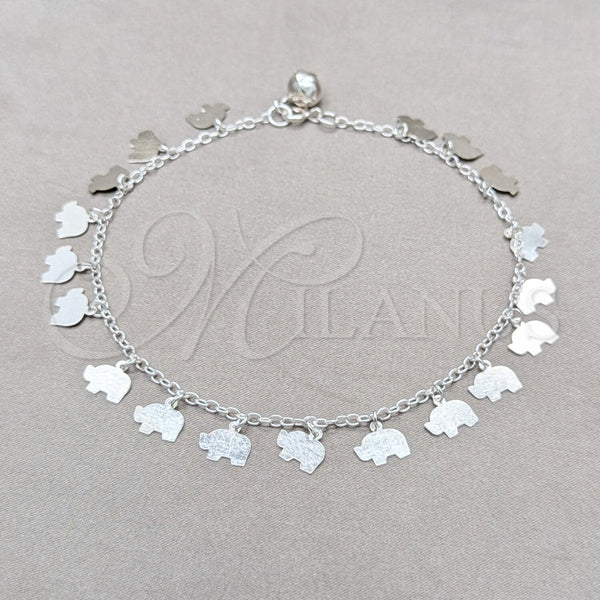 Tobillera de Dije 03.409.0090.10 Plata Rodinada, Diseño de Elefante, Pulido, Tono Plateado (Grosor 01 MM, 10 Pulgadas de Largo)