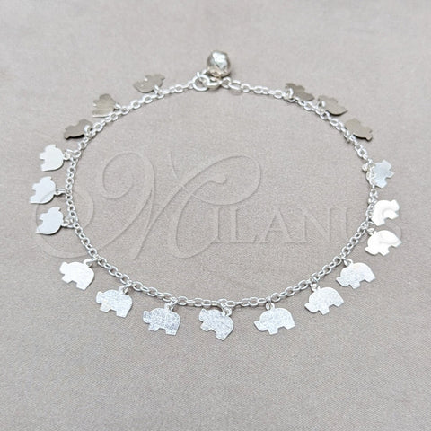 Tobillera de Dije 03.409.0090.10 Plata Rodinada, Diseño de Elefante, Pulido, Tono Plateado (Grosor 01 MM, 10 Pulgadas de Largo)