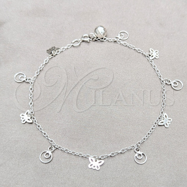 Tobillera de Dije 03.409.0091.10 Plata Rodinada, Diseño de Mariposa, Pulido, Tono Plateado (Grosor 01 MM, 10 Pulgadas de Largo)
