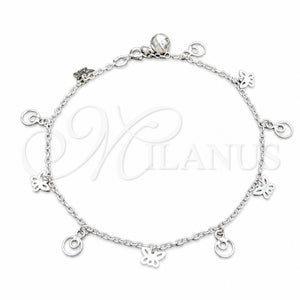 Tobillera de Dije 03.409.0091.10 Plata Rodinada, Diseño de Mariposa, Pulido, Tono Plateado (Grosor 01 MM, 10 Pulgadas de Largo)