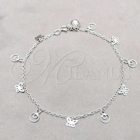 Tobillera de Dije 03.409.0091.10 Plata Rodinada, Diseño de Mariposa, Pulido, Tono Plateado (Grosor 01 MM, 10 Pulgadas de Largo)