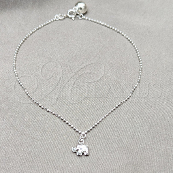 Tobillera de Dije 03.409.0094.10 Plata Rodinada, Diseño de Elefante y Bola, Pulido, Tono Plateado (Grosor 01 MM, 10 Pulgadas de Largo)