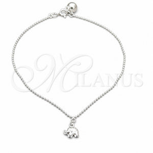 Tobillera de Dije 03.409.0094.10 Plata Rodinada, Diseño de Elefante y Bola, Pulido, Tono Plateado (Grosor 01 MM, 10 Pulgadas de Largo)