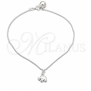 Tobillera de Dije 03.409.0094.10 Plata Rodinada, Diseño de Elefante y Bola, Pulido, Tono Plateado (Grosor 01 MM, 10 Pulgadas de Largo)