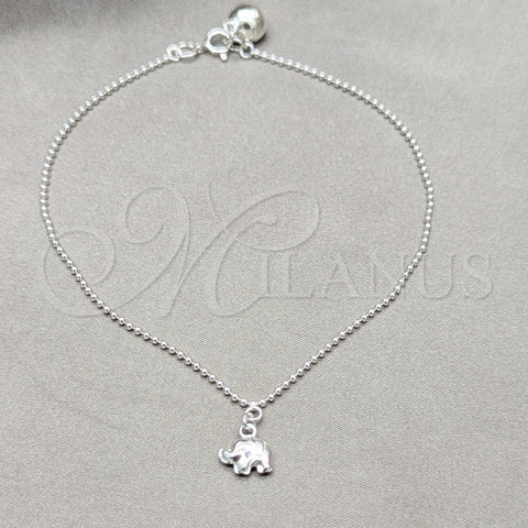 Tobillera de Dije 03.409.0094.10 Plata Rodinada, Diseño de Elefante y Bola, Pulido, Tono Plateado (Grosor 01 MM, 10 Pulgadas de Largo)