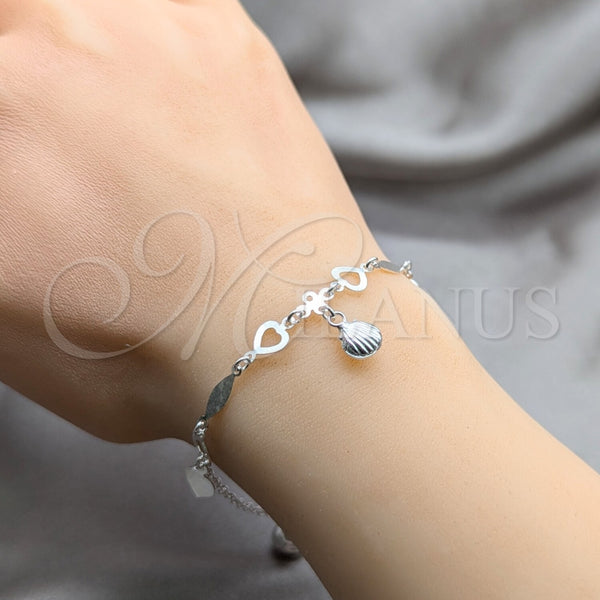 Pulsera de Dije 03.409.0097.08 Plata Rodinada, Diseño de Corazón y Concha, Pulido, Tono Plateado (Grosor 01 MM, 8 Pulgadas de Largo)