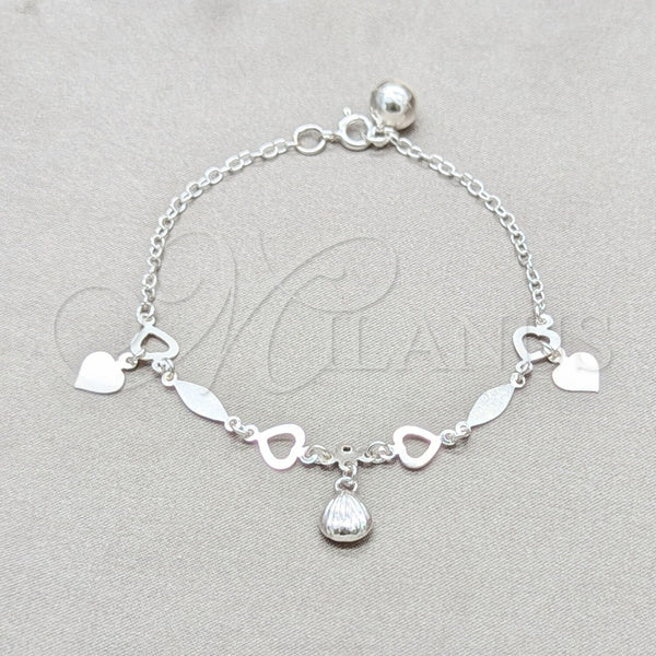 Pulsera de Dije 03.409.0097.08 Plata Rodinada, Diseño de Corazón y Concha, Pulido, Tono Plateado (Grosor 01 MM, 8 Pulgadas de Largo)